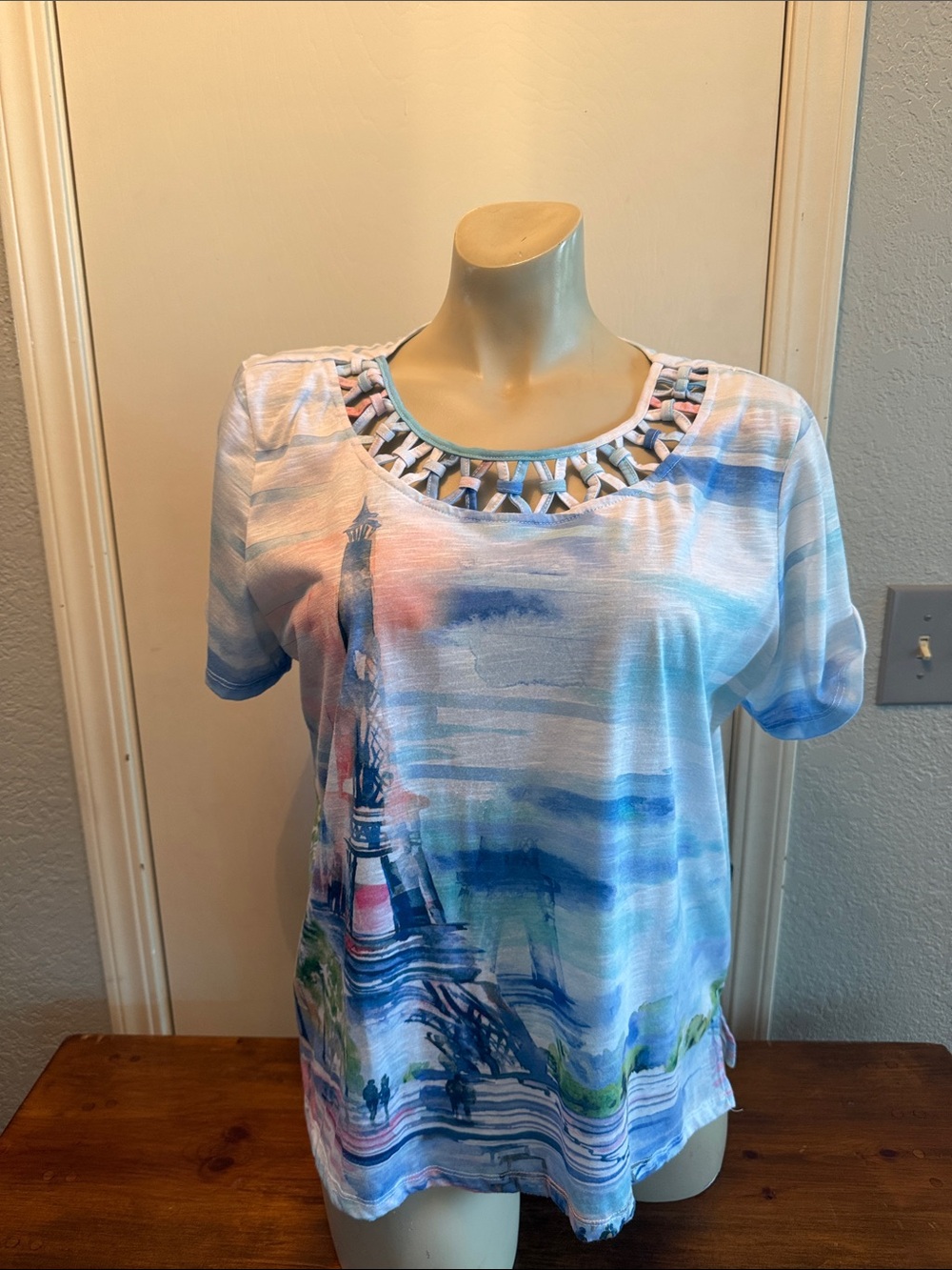 Alfred Dunner Blue, White and Pink Eiffel Tower Cutout Neck Tee
